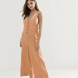 Rhythm. Womens Jumpsuit Orange 2 Linen Crop Length Button Front Comfy Wide Leg